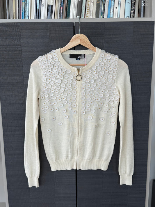 LOVE Moschino Beaded Floral Wool Zip Cardigan