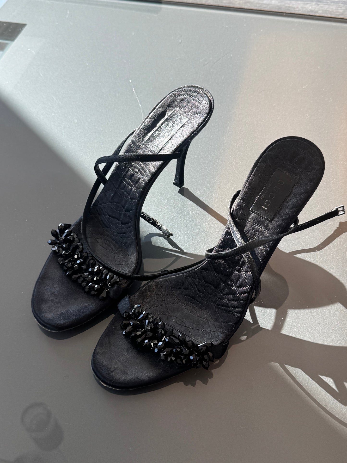 Vintage Gucci by Tom Ford Black Silk Swarovski Crystal Heels 11