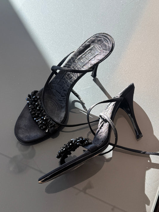 Vintage Gucci by Tom Ford Black Silk Swarovski Crystal Heels 11