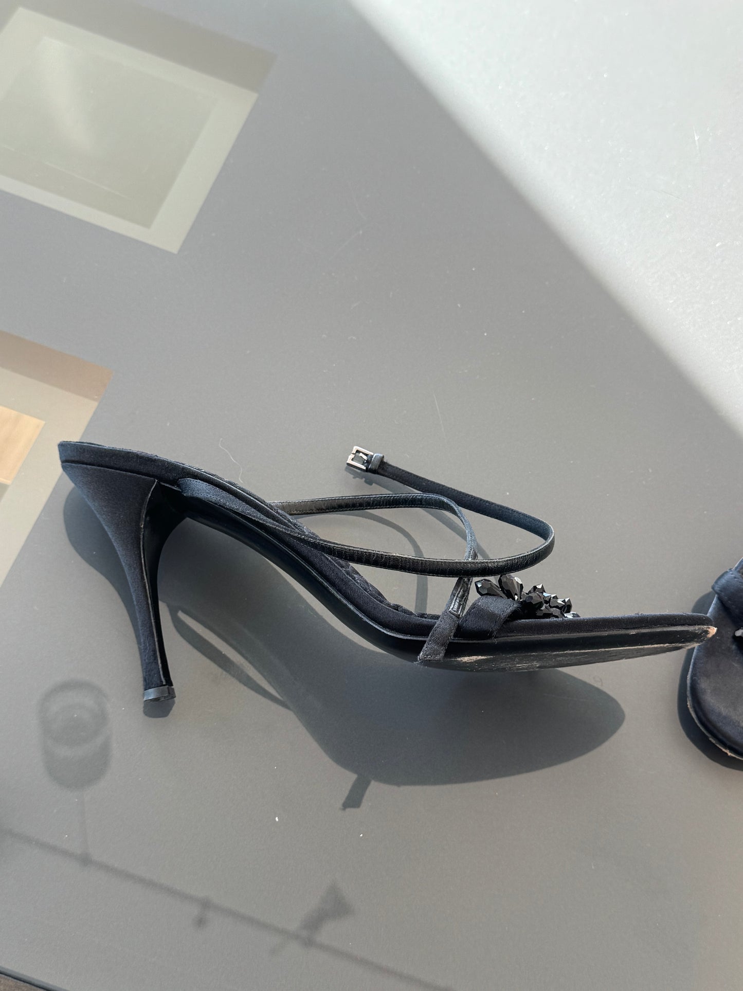 Vintage Gucci by Tom Ford Black Silk Swarovski Crystal Heels 11
