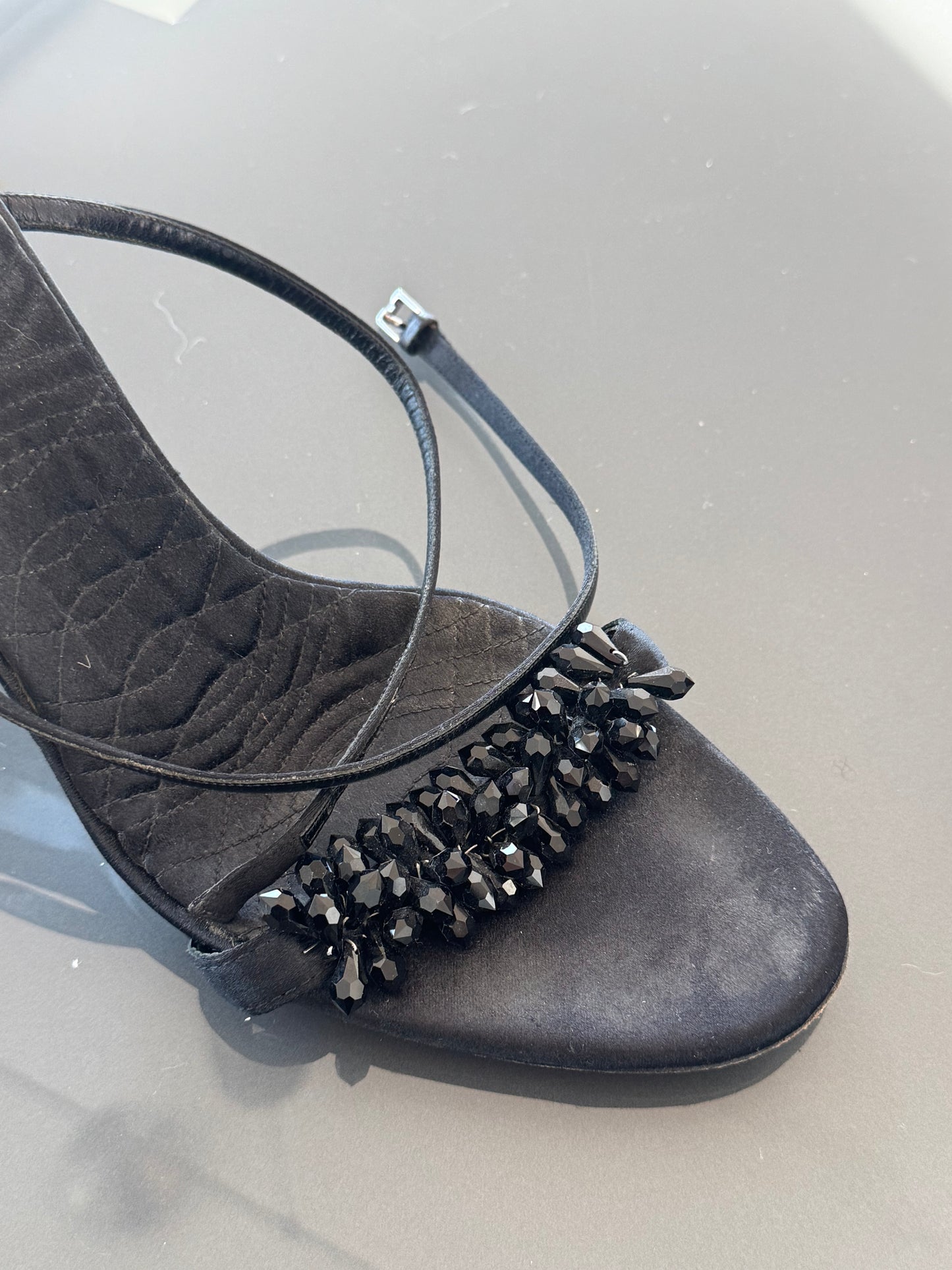 Vintage Gucci by Tom Ford Black Silk Swarovski Crystal Heels 11