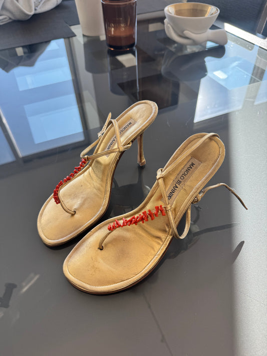 Vintage Manolo Blahnik Gold Coral Embellished Heels 40