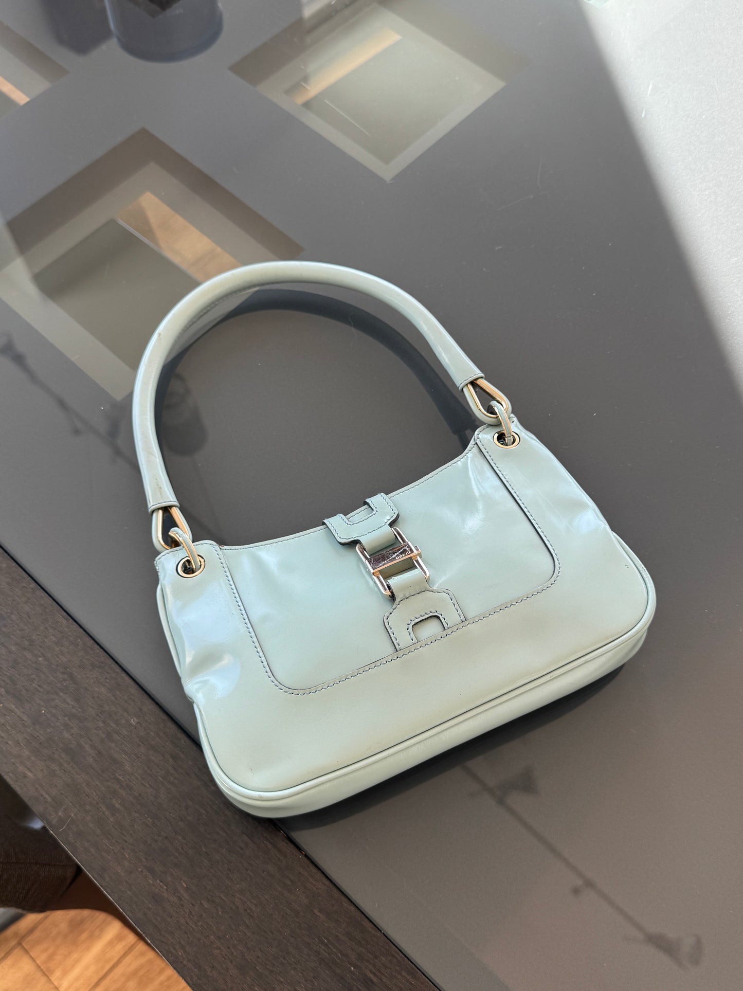 Vintage 1990s Gucci by Tom Ford Tiffany Blue Patent Leather Mini Jackie Bag
