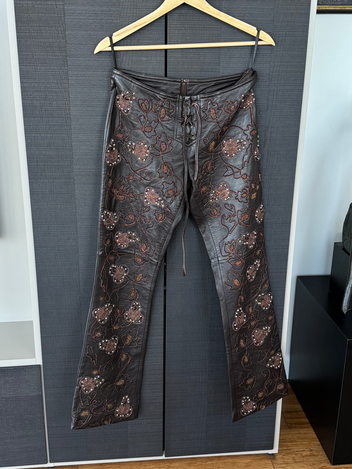Vintage Bebe Beaded Leather Lace-Up Pants