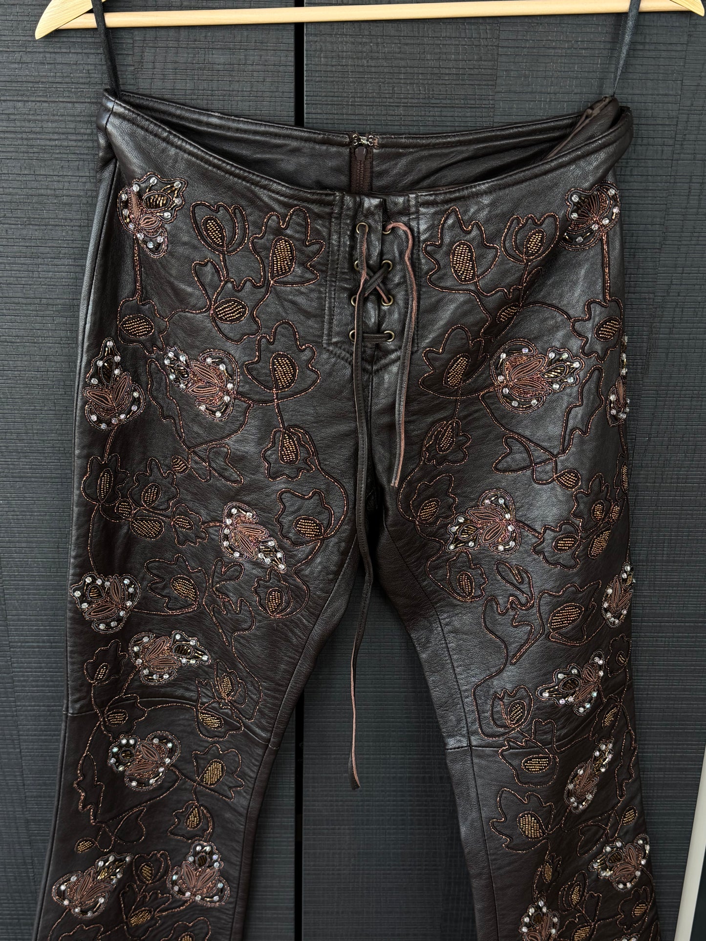 Vintage Bebe Beaded Leather Lace-Up Pants