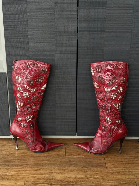 El Dantes Red Studded Leather Boots 38