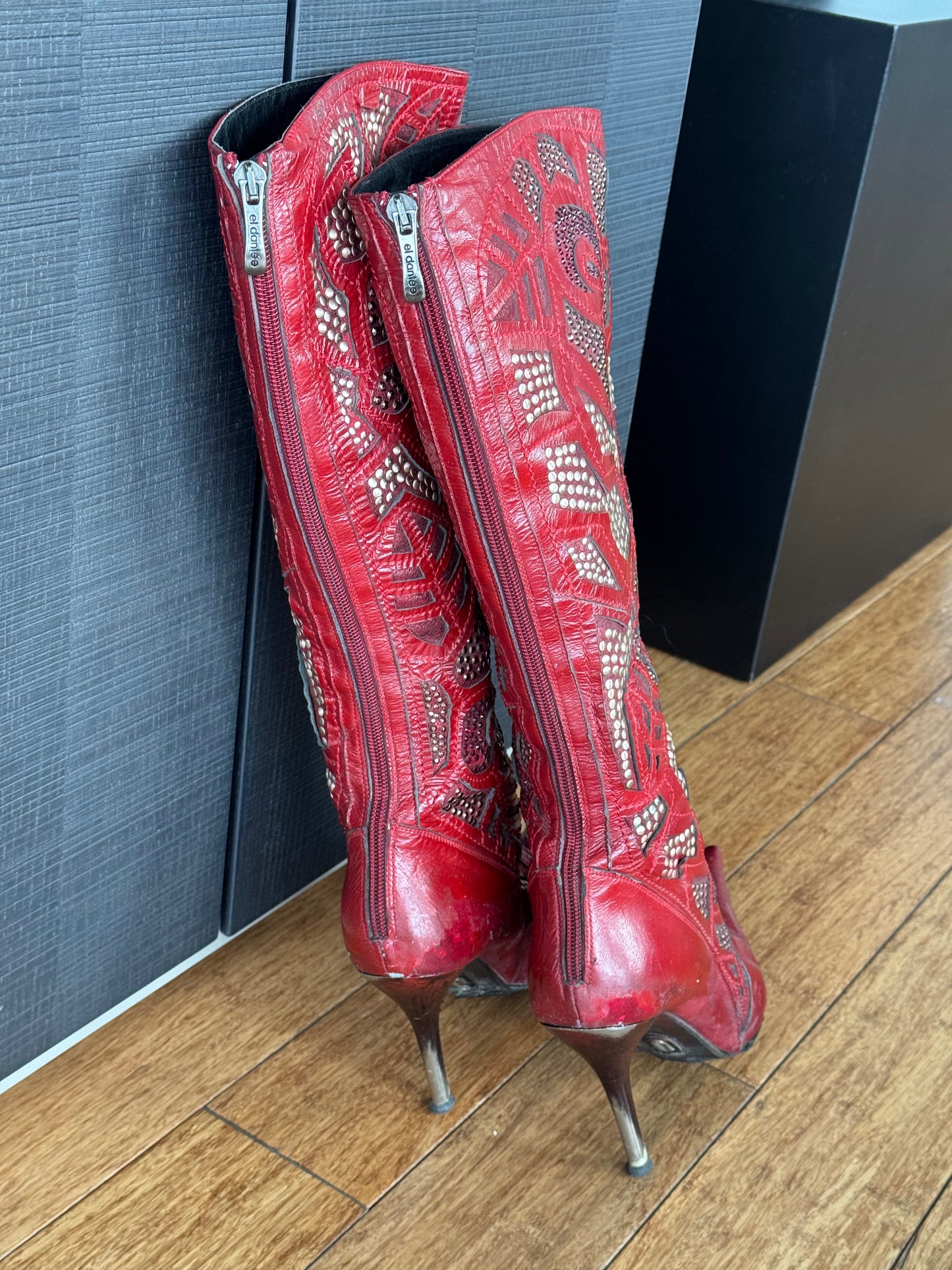 El Dantes Red Studded Leather Boots 38